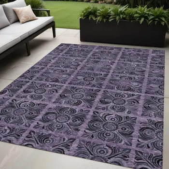 5' X 8' Purple Plum And Charcoal Medallion Washable Indoor Outdoor Area Rug