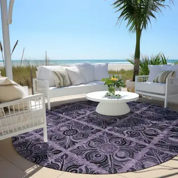 8' Purple Plum And Charcoal Round Medallion Washable Indoor Outdoor Area Rug