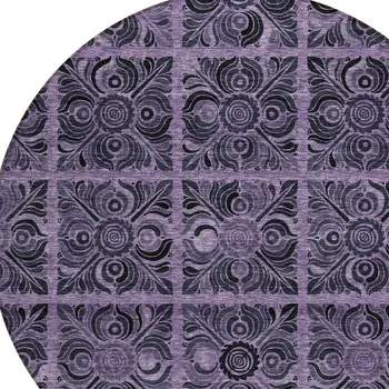 8' Purple Plum And Charcoal Round Medallion Washable Indoor Outdoor Area Rug