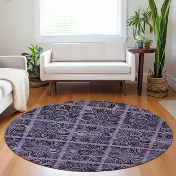 8' Purple Plum And Charcoal Round Medallion Washable Indoor Outdoor Area Rug