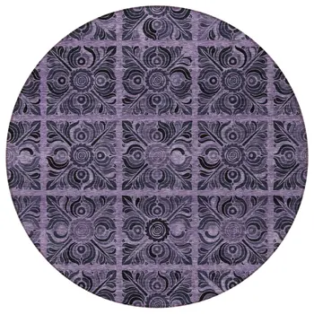 8' Purple Plum And Charcoal Round Medallion Washable Indoor Outdoor Area Rug