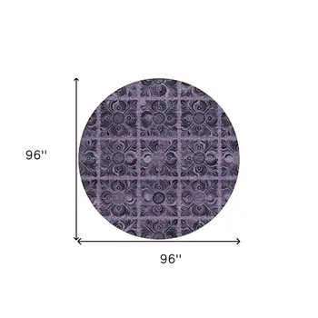 8' Purple Plum And Charcoal Round Medallion Washable Indoor Outdoor Area Rug