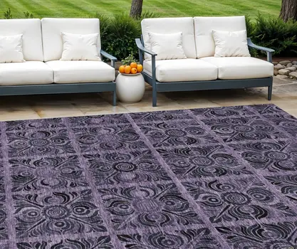 8' X 10' Purple Plum And Charcoal Medallion Washable Indoor Outdoor Area Rug
