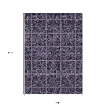 9' X 12' Purple Plum And Charcoal Medallion Washable Indoor Outdoor Area Rug
