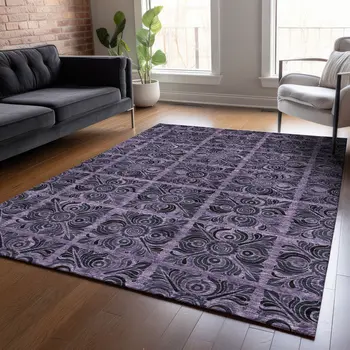 9' X 12' Purple Plum And Charcoal Medallion Washable Indoor Outdoor Area Rug