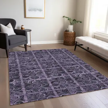 10' X 14' Purple Plum And Charcoal Medallion Washable Indoor Outdoor Area Rug