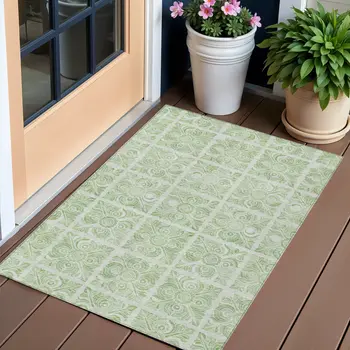3' X 5' Artichoke Green And Mint Green Medallion Washable Indoor Outdoor Area Rug