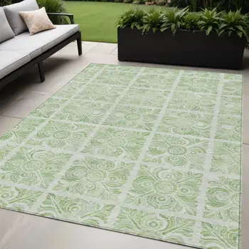 5' X 8' Artichoke Green And Mint Green Medallion Washable Indoor Outdoor Area Rug