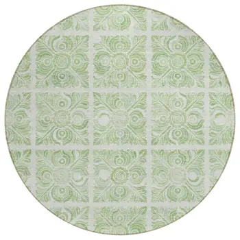 8' Artichoke Green And Mint Green Round Medallion Washable Indoor Outdoor Area Rug