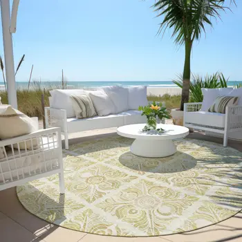8' Beige And Tan Round Medallion Washable Indoor Outdoor Area Rug