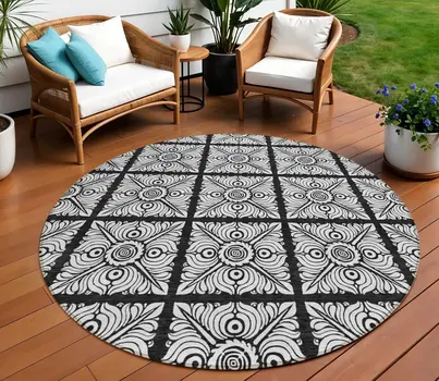 8' Black Ivory And Gray Round Medallion Washable Indoor Outdoor Area Rug