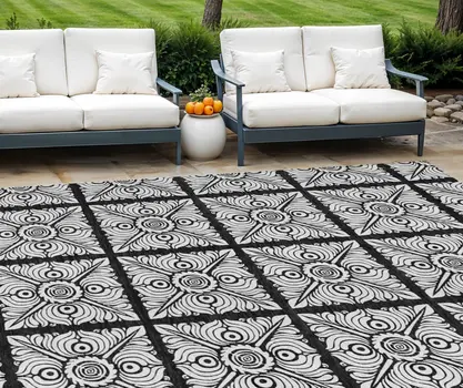 9' X 12' Black Ivory And Gray Medallion Washable Indoor Outdoor Area Rug