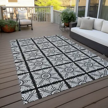 9' X 12' Black Ivory And Gray Medallion Washable Indoor Outdoor Area Rug