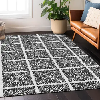 3' X 5' Ivory And Black Medallion Washable Indoor Outdoor Area Rug