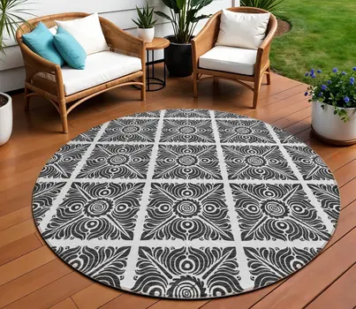 8' Ivory And Black Round Medallion Washable Indoor Outdoor Area Rug