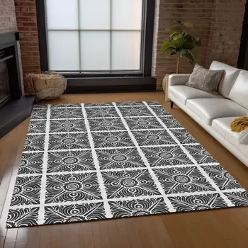 9' X 12' Ivory And Black Medallion Washable Indoor Outdoor Area Rug