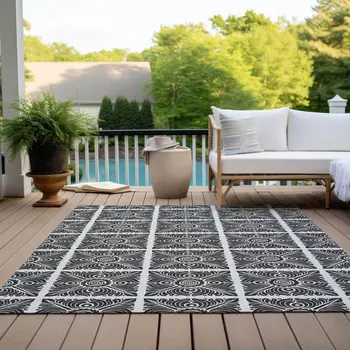 9' X 12' Ivory And Black Medallion Washable Indoor Outdoor Area Rug
