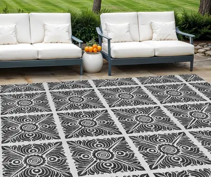 10' X 14' Ivory And Black Medallion Washable Indoor Outdoor Area Rug