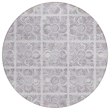8' Lavender And Silver Round Medallion Washable Indoor Outdoor Area Rug