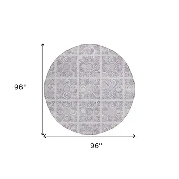 8' Lavender And Silver Round Medallion Washable Indoor Outdoor Area Rug