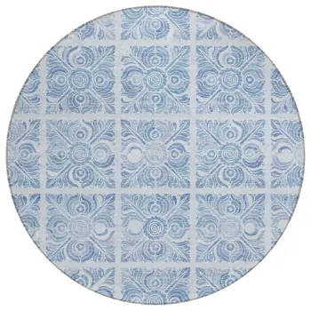 8' Sky Blue And Denim Blue Round Medallion Washable Indoor Outdoor Area Rug
