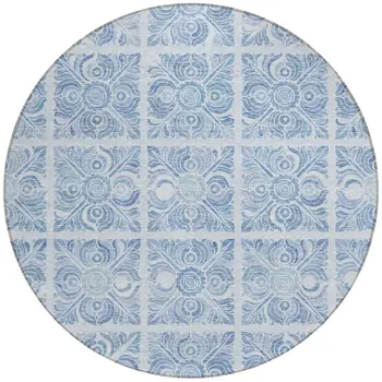 8' Sky Blue And Denim Blue Round Medallion Washable Indoor Outdoor Area Rug