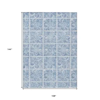 9' X 12' Sky Blue And Denim Blue Medallion Washable Indoor Outdoor Area Rug