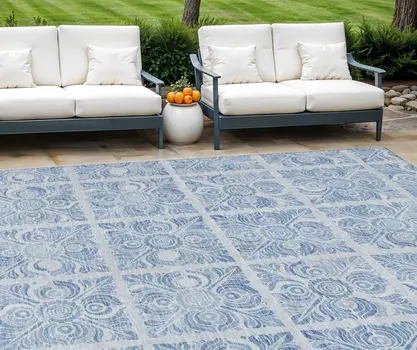 9' X 12' Sky Blue And Denim Blue Medallion Washable Indoor Outdoor Area Rug