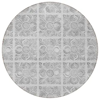 8' Silver And Gray Round Medallion Washable Indoor Outdoor Area Rug
