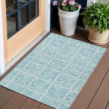 3' X 5' Turquoise And Teal Blue Medallion Washable Indoor Outdoor Area Rug