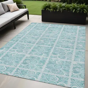 5' X 8' Turquoise And Teal Blue Medallion Washable Indoor Outdoor Area Rug