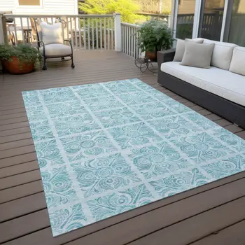 5' X 8' Turquoise And Teal Blue Medallion Washable Indoor Outdoor Area Rug