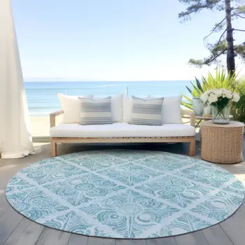 8' Turquoise And Teal Blue Round Medallion Washable Indoor Outdoor Area Rug