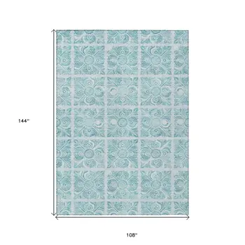 9' X 12' Turquoise And Teal Blue Medallion Washable Indoor Outdoor Area Rug