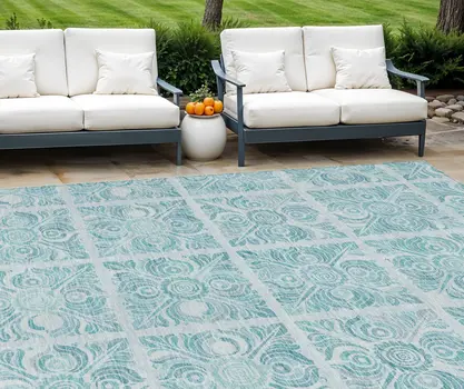 9' X 12' Turquoise And Teal Blue Medallion Washable Indoor Outdoor Area Rug