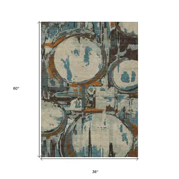 3' X 5' Beige Brown And Copper Geometric Washable Indoor Outdoor Area Rug
