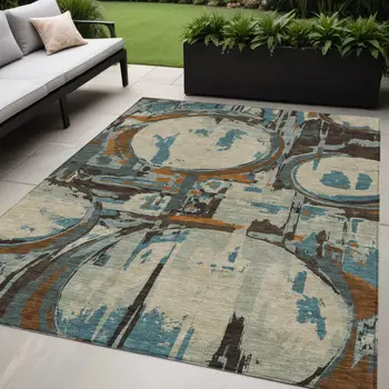 5' X 8' Beige Brown And Copper Geometric Washable Indoor Outdoor Area Rug