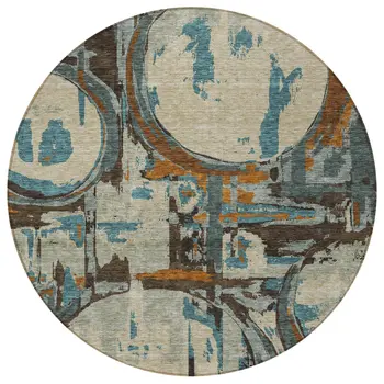 8' Beige Brown And Copper Round Geometric Washable Indoor Outdoor Area Rug