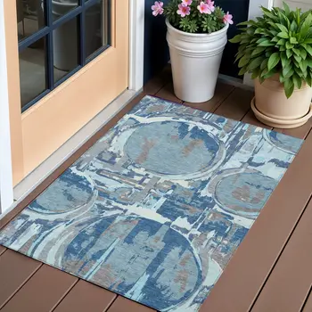 3' X 5' Sky Blue And Denim Blue Geometric Washable Indoor Outdoor Area Rug