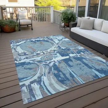 3' X 5' Sky Blue And Denim Blue Geometric Washable Indoor Outdoor Area Rug