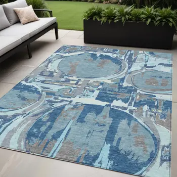 5' X 8' Sky Blue And Denim Blue Geometric Washable Indoor Outdoor Area Rug