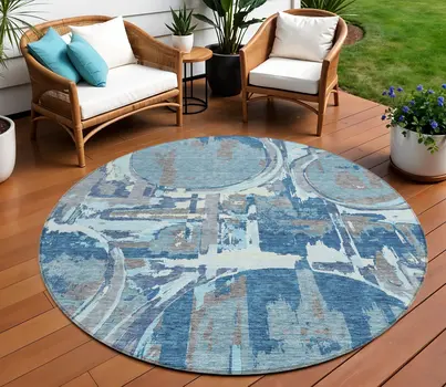 8' Sky Blue And Denim Blue Round Geometric Washable Indoor Outdoor Area Rug