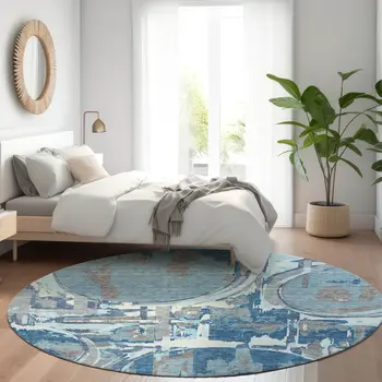 8' Sky Blue And Denim Blue Round Geometric Washable Indoor Outdoor Area Rug