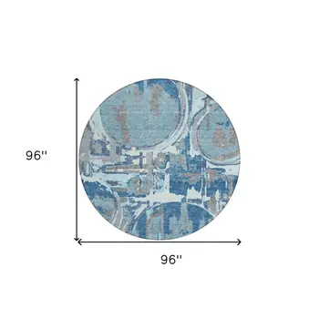 8' Sky Blue And Denim Blue Round Geometric Washable Indoor Outdoor Area Rug