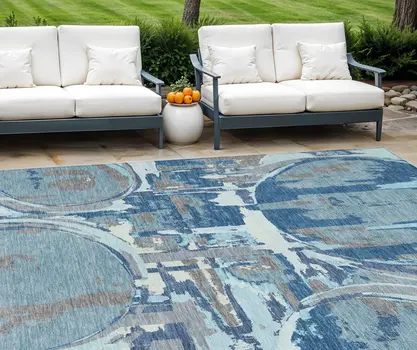 9' X 12' Sky Blue And Denim Blue Geometric Washable Indoor Outdoor Area Rug