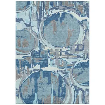 10' X 14' Sky Blue And Denim Blue Geometric Washable Indoor Outdoor Area Rug