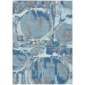 10' X 14' Sky Blue And Denim Blue Geometric Washable Indoor Outdoor Area Rug