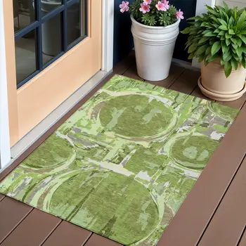 3' X 5' Artichoke Green And Fern Green Geometric Washable Indoor Outdoor Area Rug