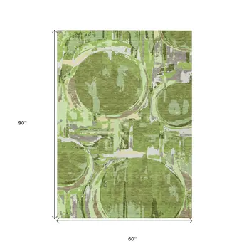 5' X 8' Artichoke Green And Fern Green Geometric Washable Indoor Outdoor Area Rug