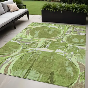 5' X 8' Artichoke Green And Fern Green Geometric Washable Indoor Outdoor Area Rug